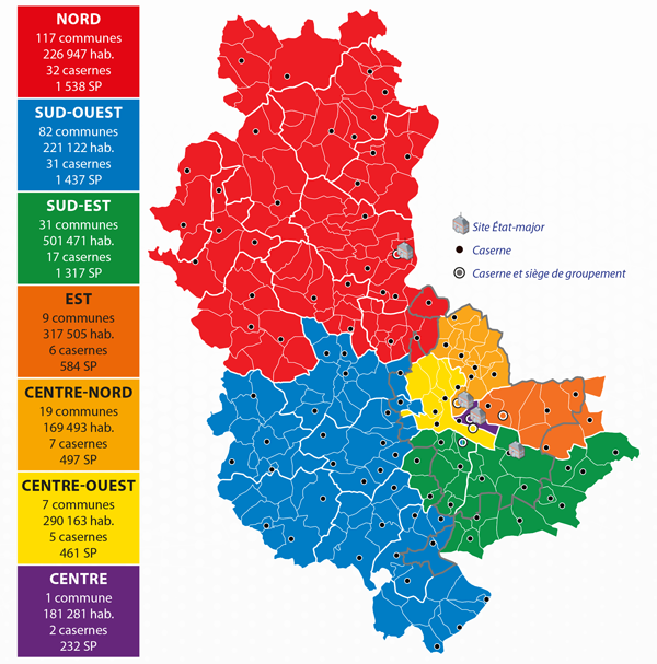Carte des groupements territoriaux du SDMIS